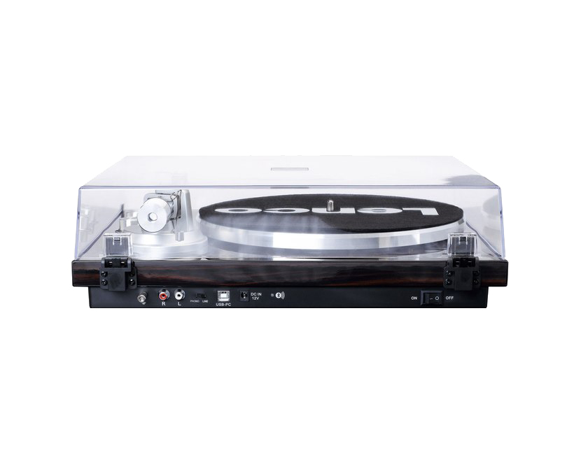 Platine avec couvercle transparent. Base noire, bras argenté et étiquette noire.