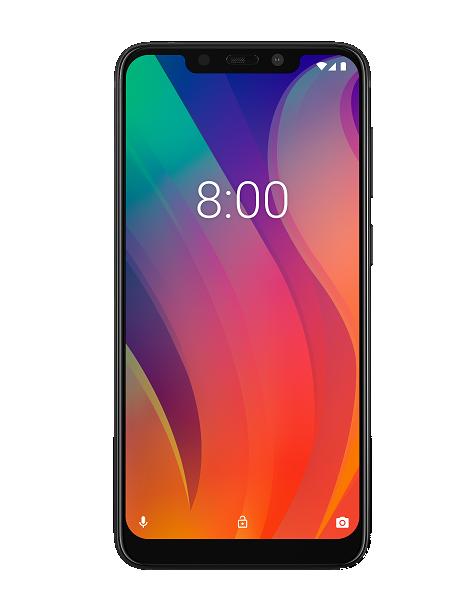 Un smartphone que muestra las 8:00 en la pantalla. Tiene un diseño de onda multicolor.