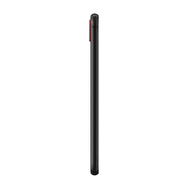 Un smartphone negro visto de lado, mostrando una franja roja a lo largo de su borde.