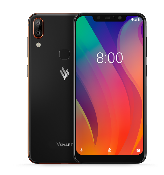 Smartphone Vsmart negro con cámaras duales. La pantalla muestra la hora y un fondo colorido.
