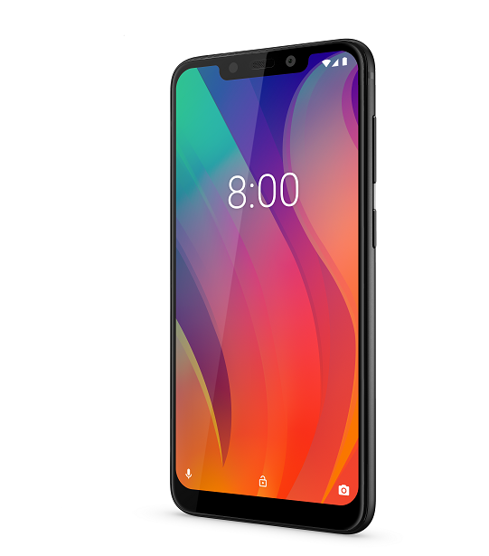 Un smartphone negro con una pantalla colorida que muestra la hora 8:00.