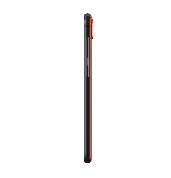 Vista lateral de un smartphone negro con detalles rojos.