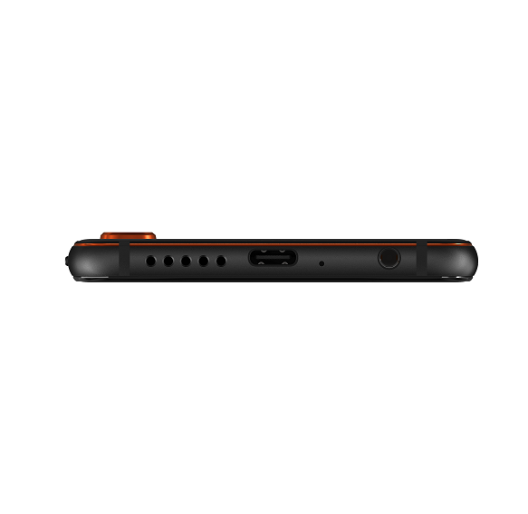 Vista inferior de un teléfono negro y naranja. Muestra el puerto de carga, el conector de auriculares y altavoces.