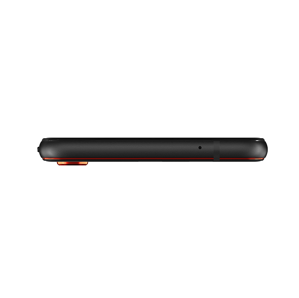 Vista lateral de un smartphone negro con acento rojo alrededor de la lente de la cámara.