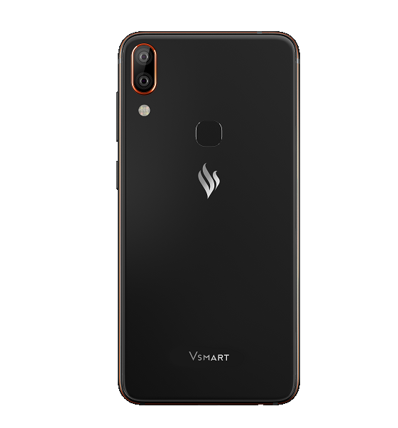 Vista trasera del smartphone Vsmart negro. Tiene una cámara, sensor de huellas dactilares y logotipo de Vsmart.