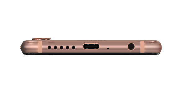 Vista lateral de un smartphone dorado. Muestra el puerto de carga, la toma de auriculares y los orificios del altavoz.