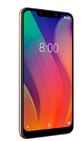Smartphone con pantalla colorida que muestra la hora 8:00. Marco dorado.