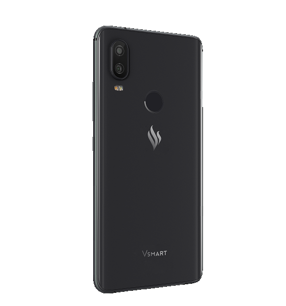 Parte trasera de smartphone negro con cámara doble, logo y sensor de huellas.