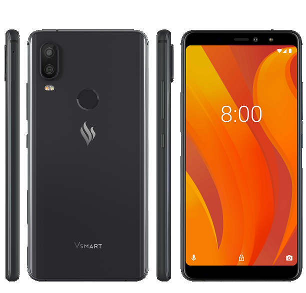 Tres vistas de un smartphone negro. Pantalla muestra 8:00 y diseño abstracto naranja.