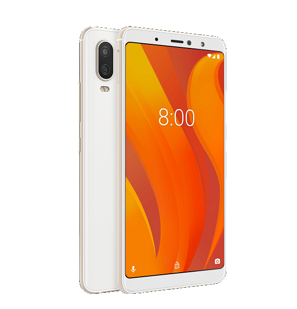 Smartphone blanco, con parte trasera blanca y pantalla naranja.