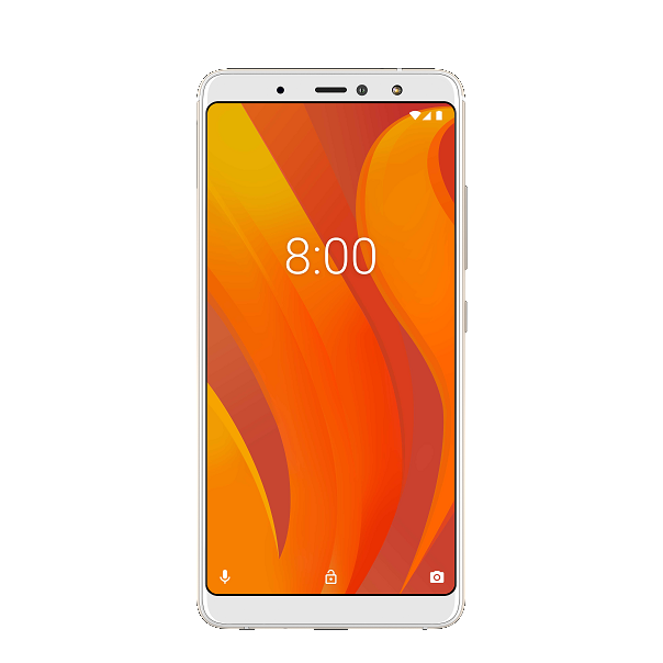 Un smartphone blanco con pantalla grande que muestra la hora 8:00 con un fondo abstracto.