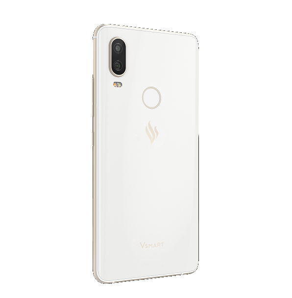 Teléfono Vsmart blanco con dos cámaras y sensor de huellas dactilares.
