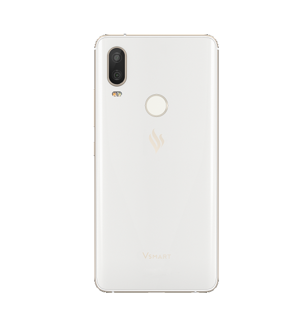 Un teléfono Vsmart blanco con cámaras duales y un sensor de huellas dactilares en la parte trasera.