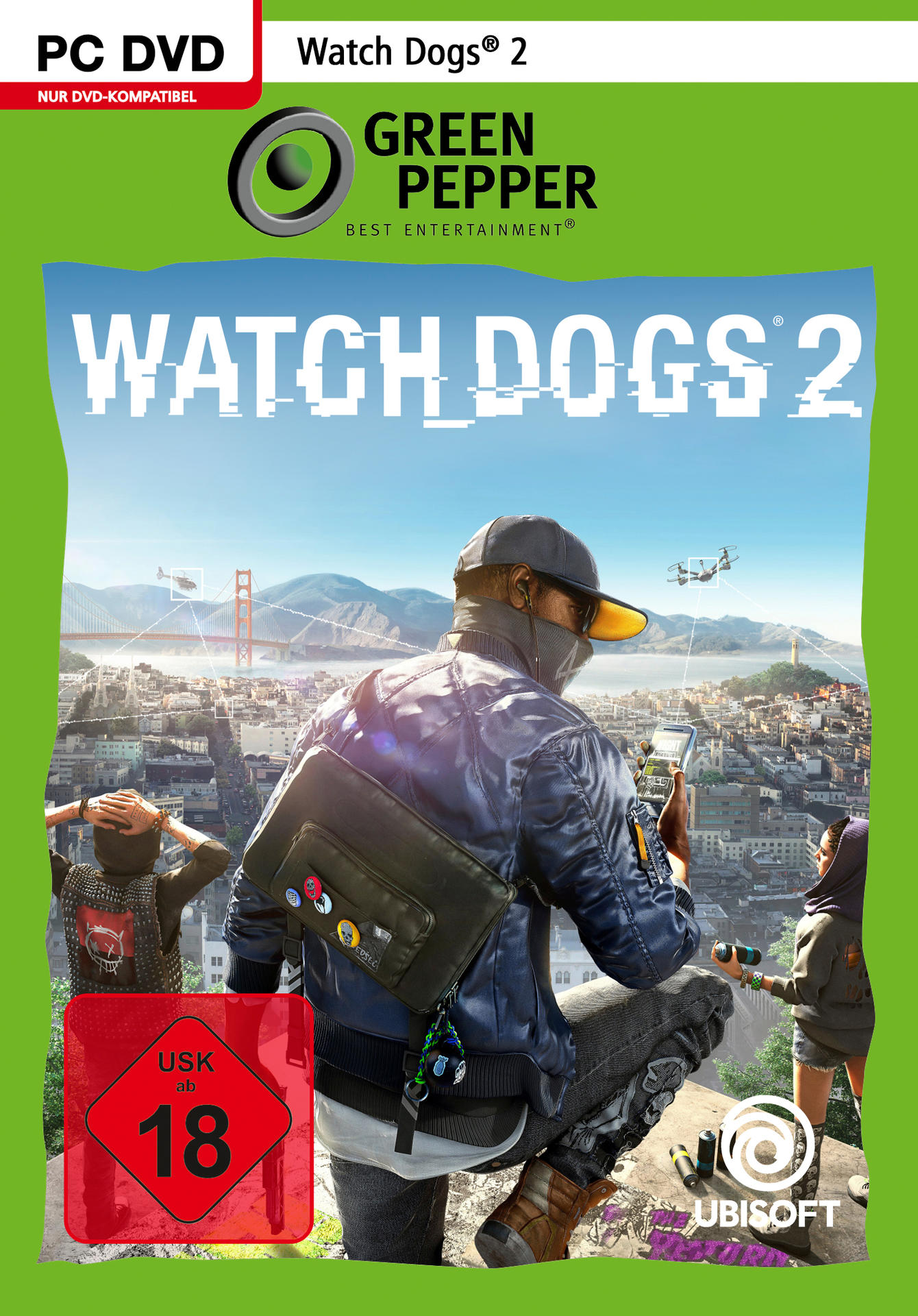 Watch Dogs 2 Videospiel-Cover. Ein Mann schaut auf ein Telefon vor einer Stadt. USK 18 Logo.