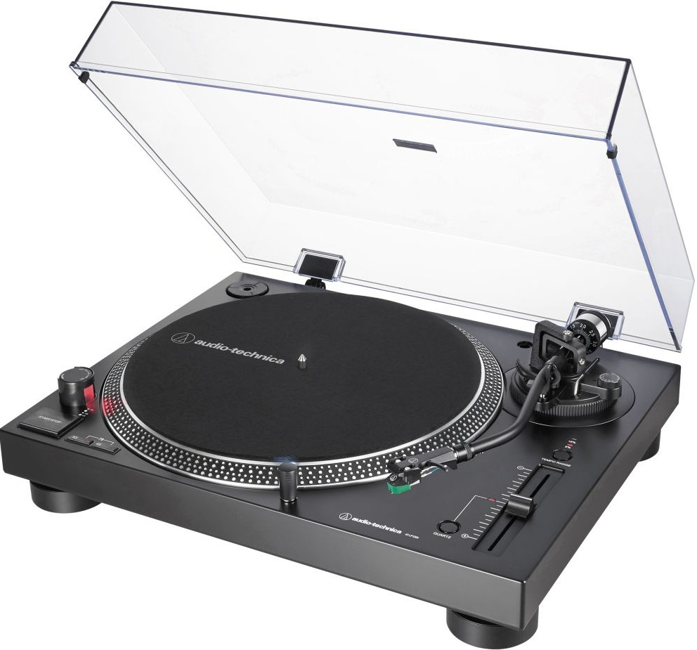A black turntable with a clear cover, showing the needle and platter.