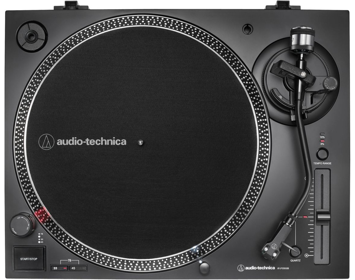 Black Audio-Technica turntable with a black record. Has a tone arm, tempo range and start/stop.