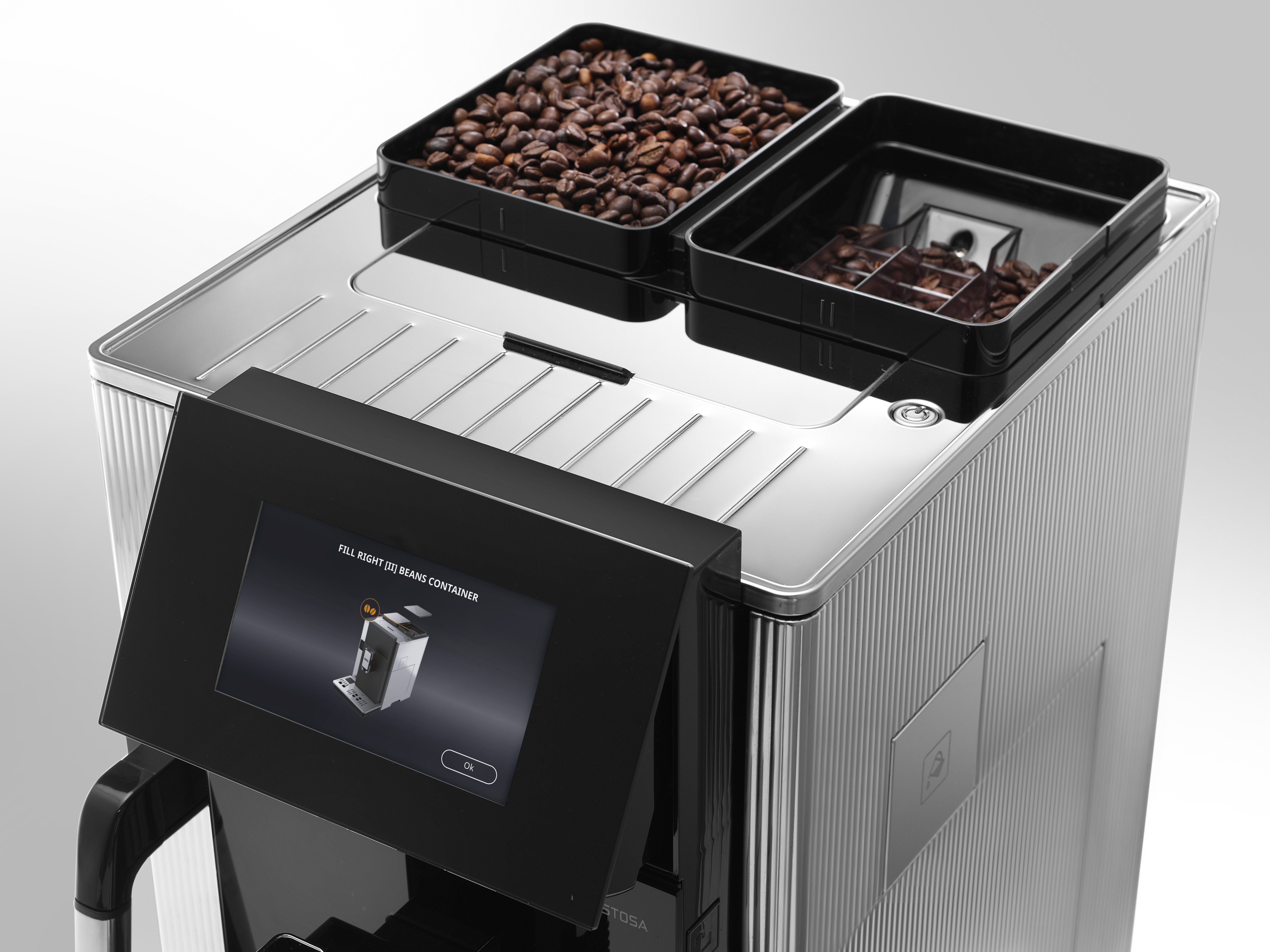 Kaffeemaschine mit zwei Bohnenbehältern und einem Bildschirm.