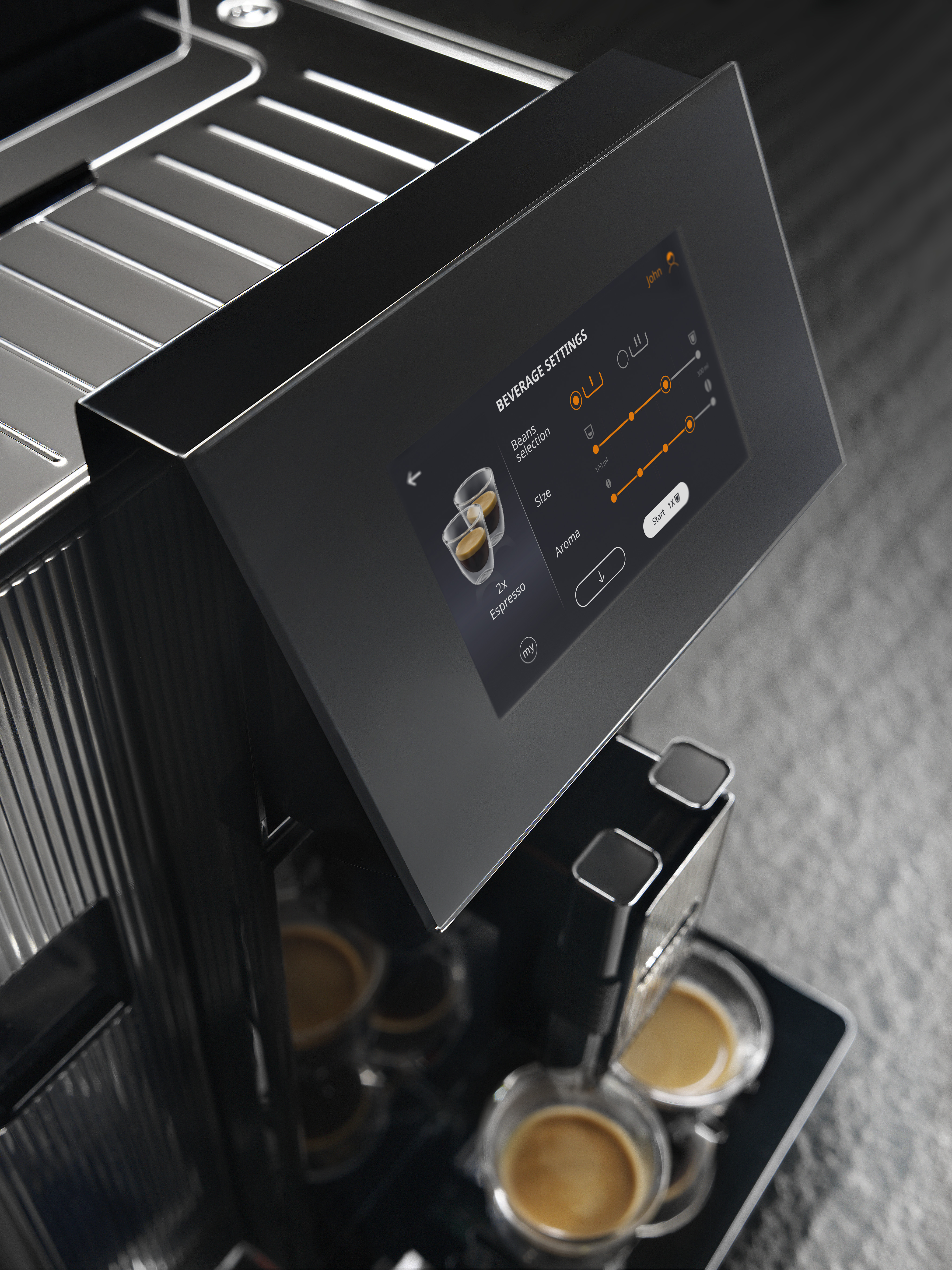 Eine schwarze Kaffeemaschine mit Touchscreen, der Getränkeeinstellungen anzeigt.