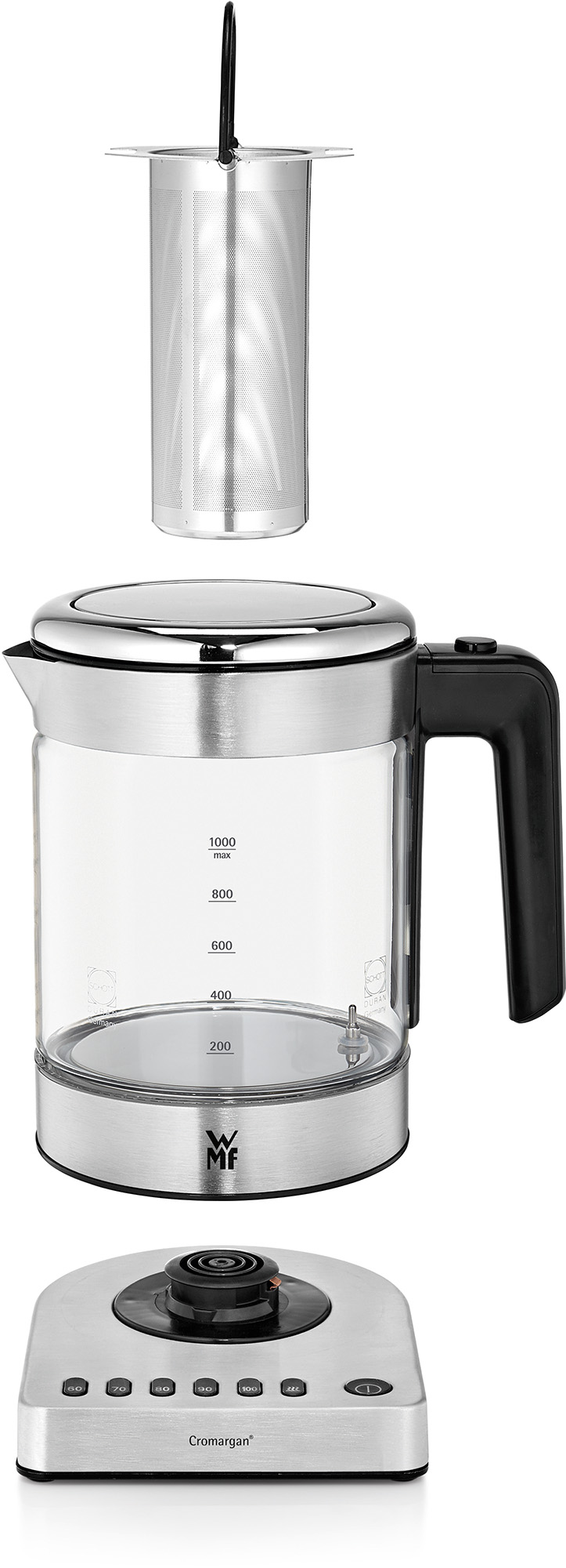 Een glazen elektrische waterkoker met een zwarte handgreep, een uitneembare thee-infuser en een basis.