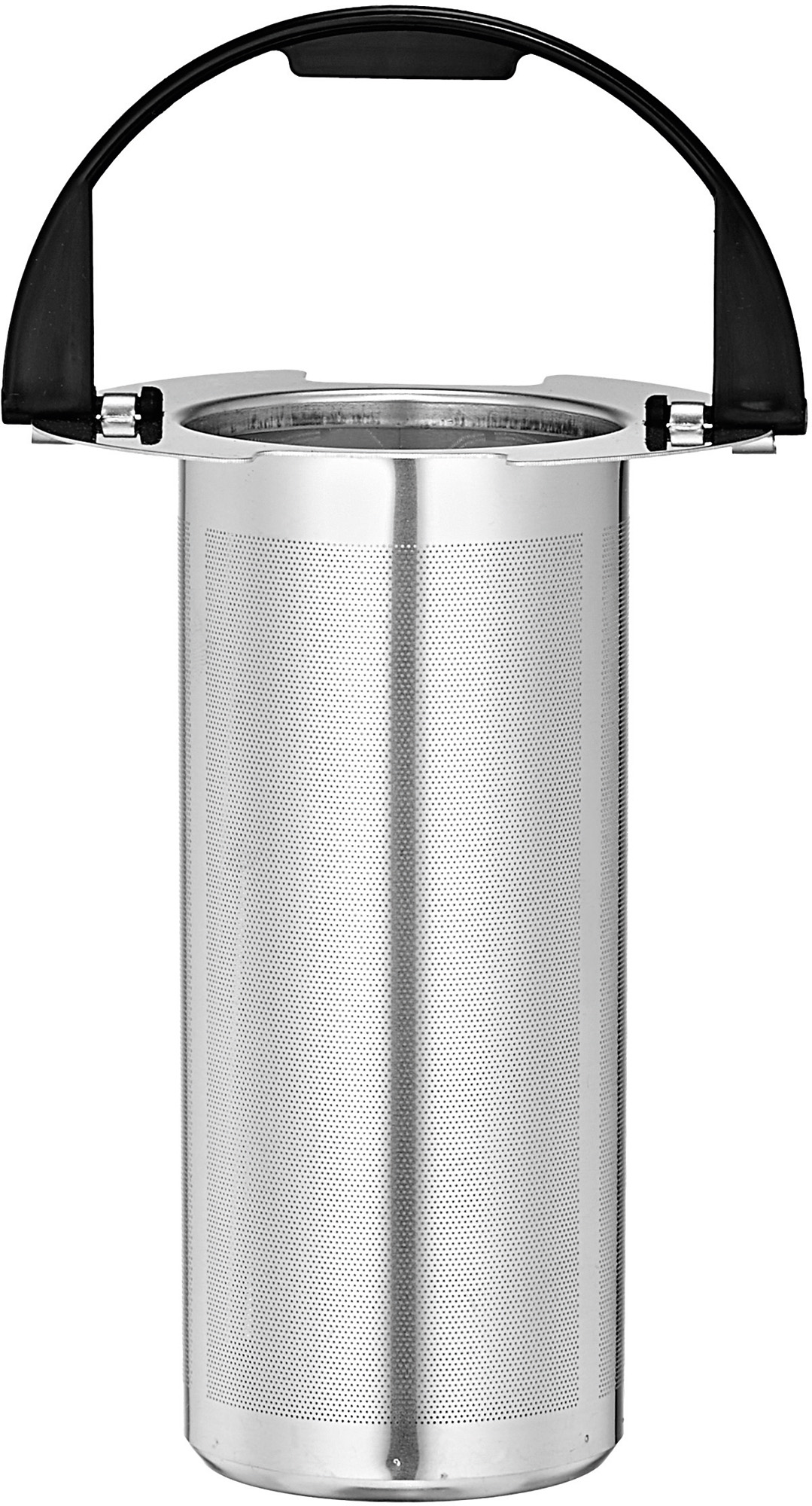 RVS thee-infuser met een handvat en een gaasfilter, cilindrisch van vorm.