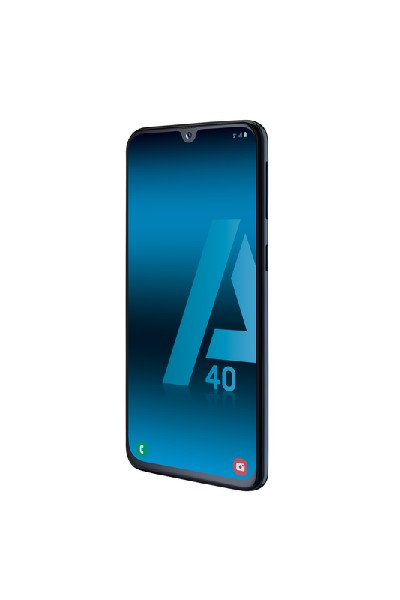 Smartphone Samsung A40, pantalla azul con el logo A40.