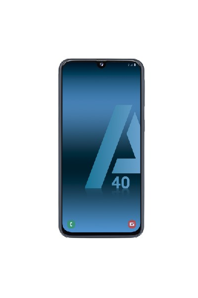 Un teléfono Samsung A40 con pantalla azul que muestra el logotipo.