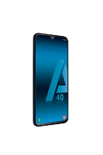 Un smartphone con pantalla azul que muestra la letra 'A' y el número '40'.