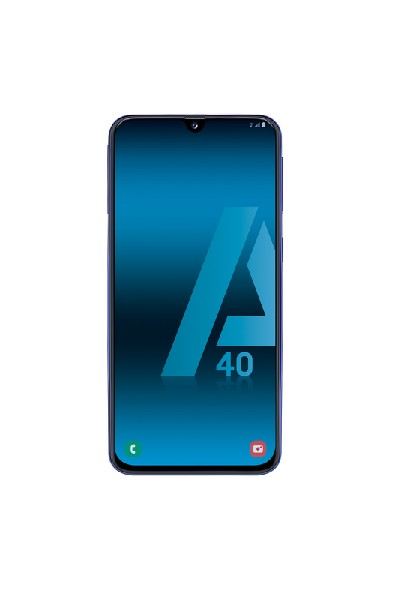 Un teléfono inteligente Samsung A40 azul con una pantalla azul. Fondo blanco.