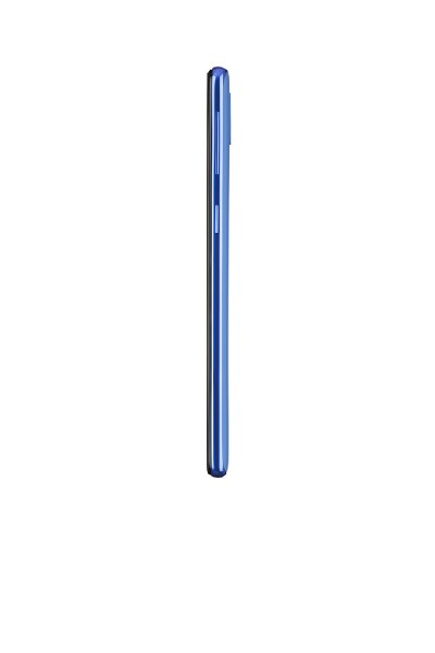 Una vista lateral de un teléfono inteligente azul con un fondo blanco.