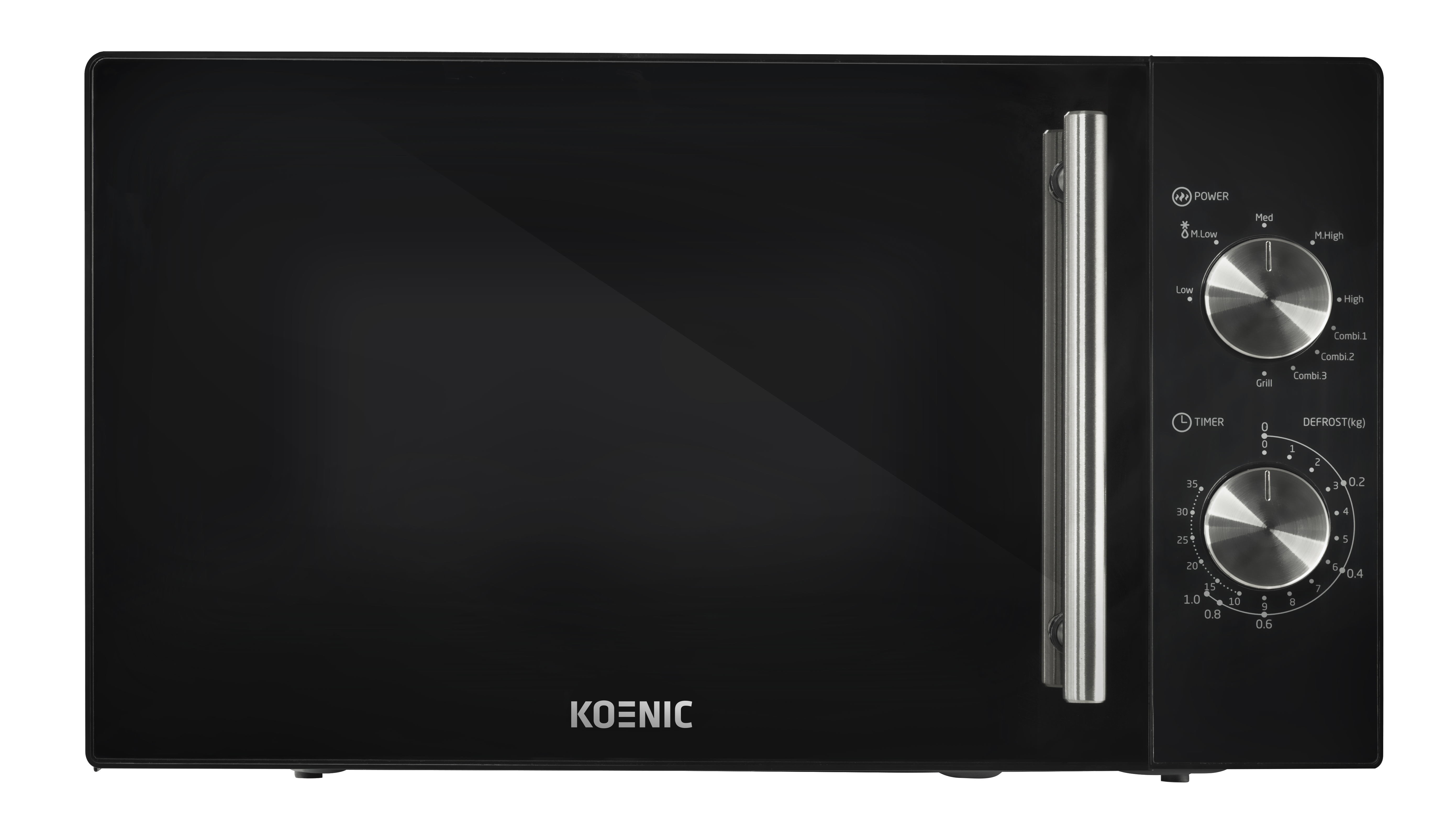 Black Koenic microwave oven. Features a door, control panel with dials for power and timer.