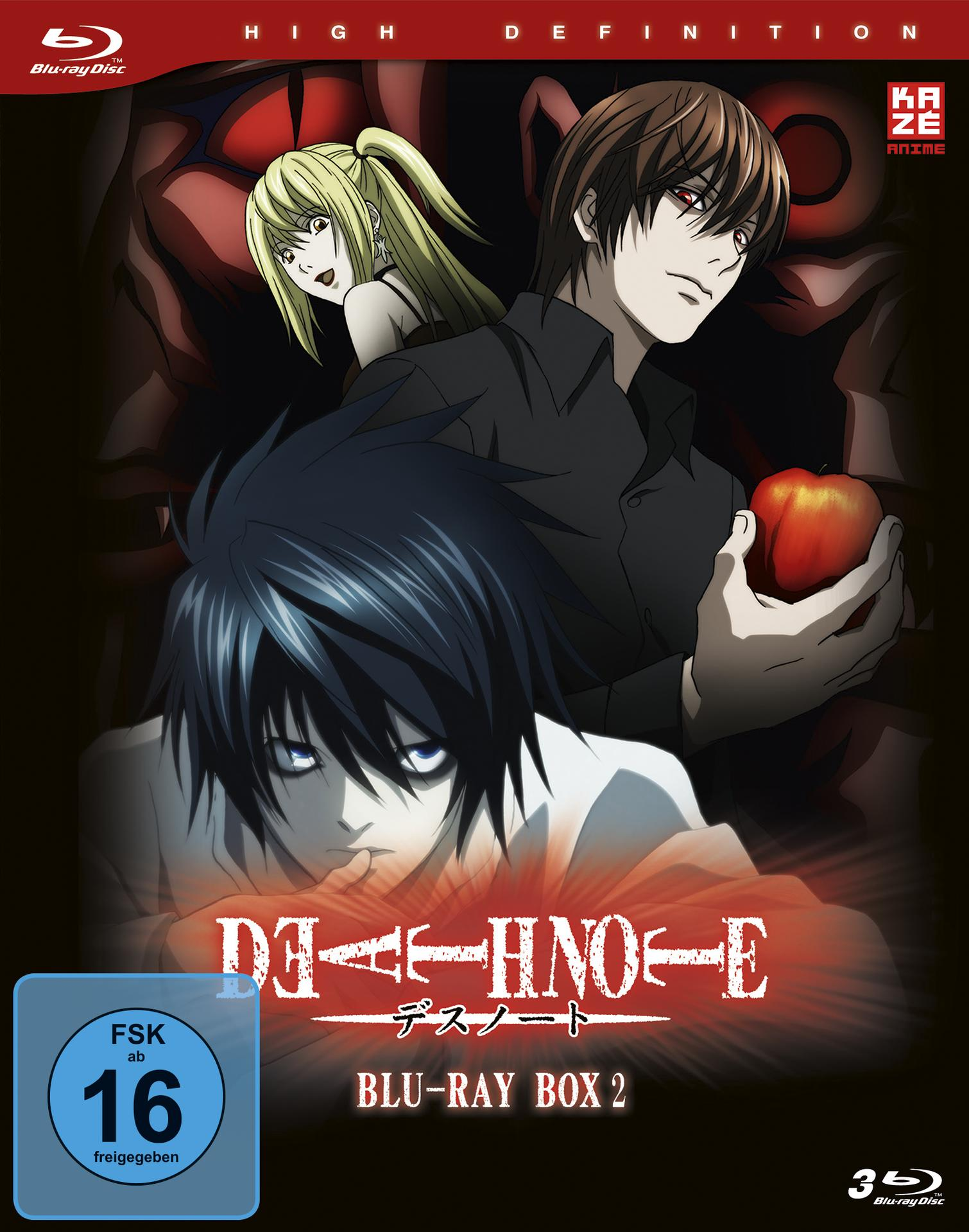 Death Note Blu-ray Box-Artwork mit drei Anime-Charakteren und einem Apfel.