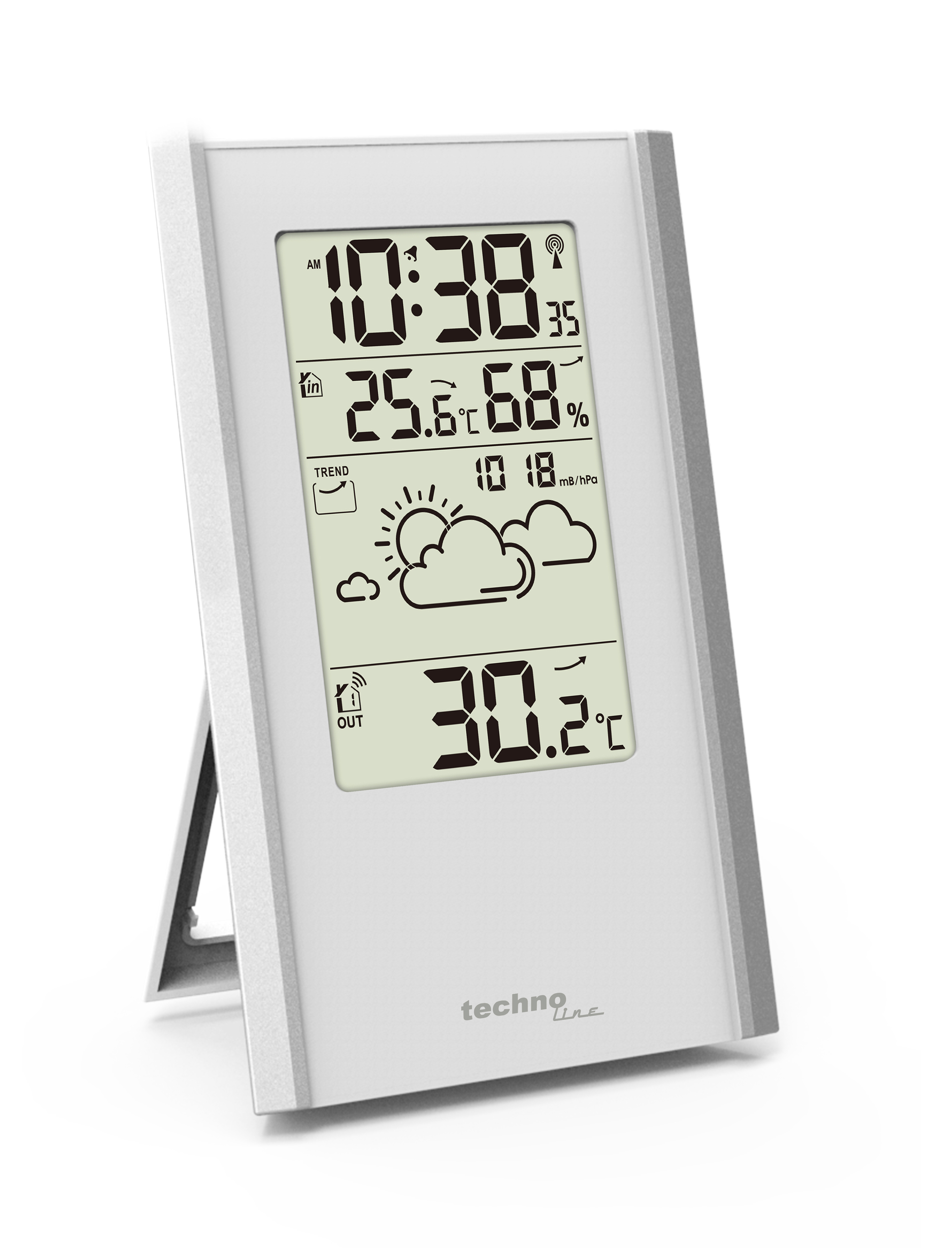 Eine digitale Wetterstation, die Zeit, Temperatur, Luftfeuchtigkeit und Wettersymbole anzeigt.
