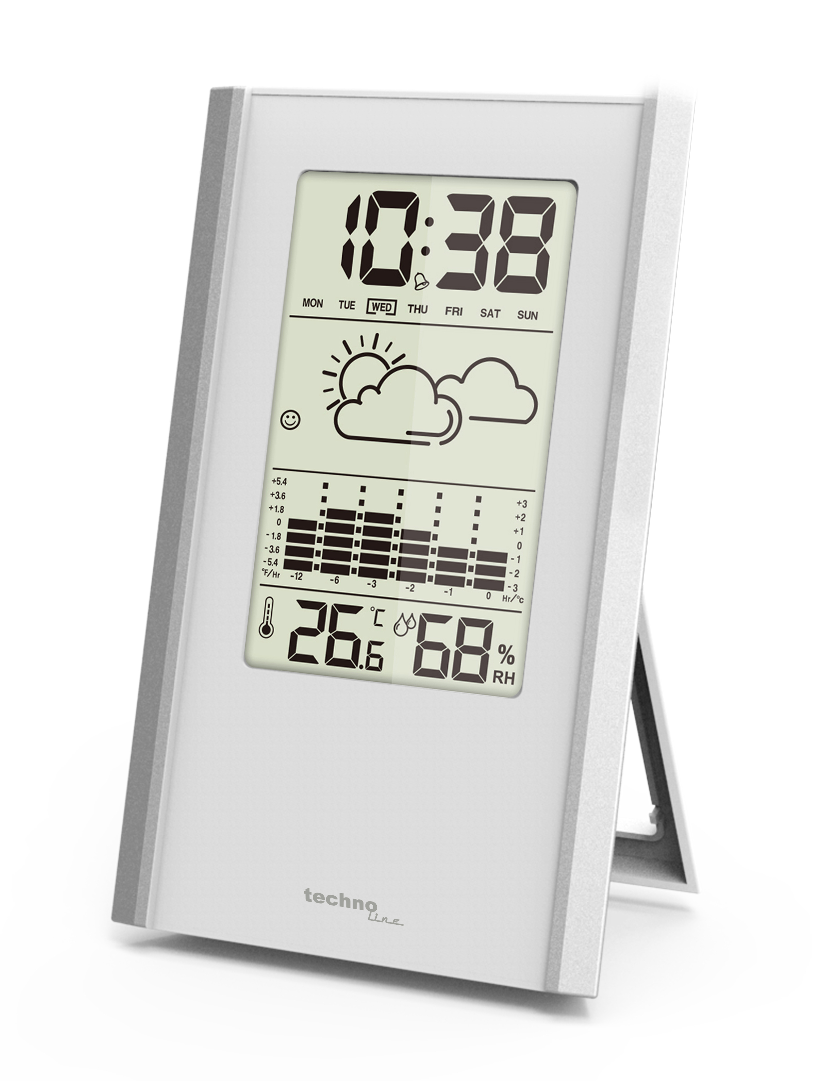 Eine weiße Wetterstation zeigt Zeit, Wetter und Temperatur an. Es steht auf einer weißen Oberfläche.