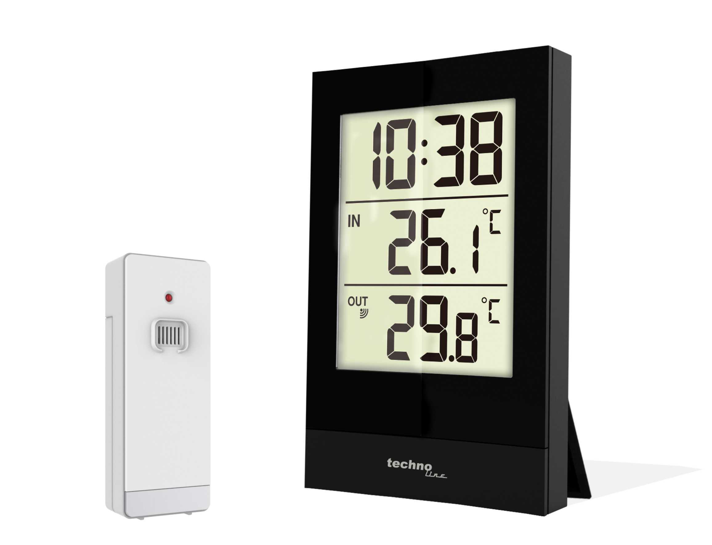 Ein schwarzes digitales Thermometer mit einem Fernsensor, das Zeit, Innen-/Außentemperaturen anzeigt.