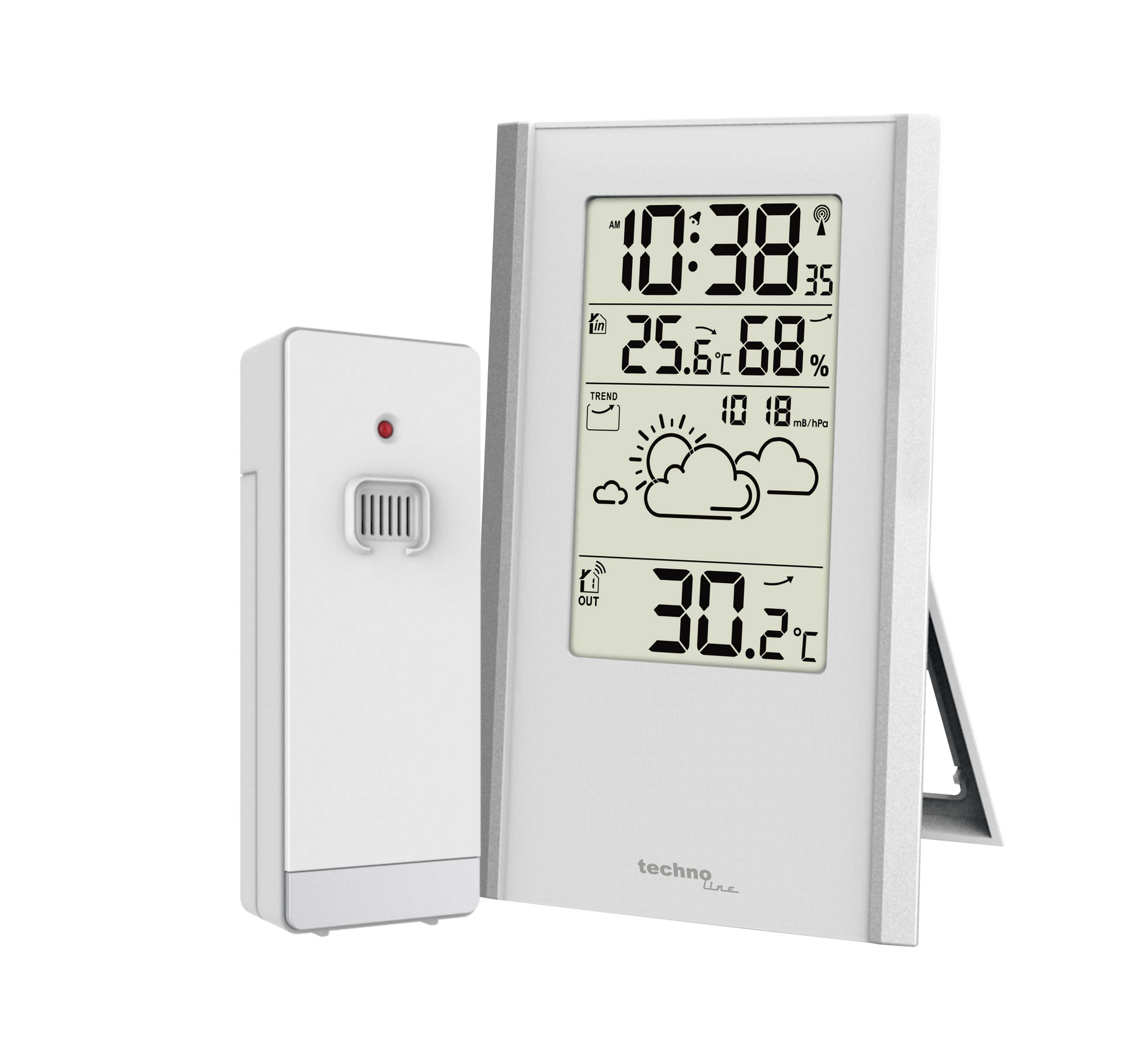 Weiße Wetterstation mit Digitalanzeige für Zeit, Temperatur und Wetter.