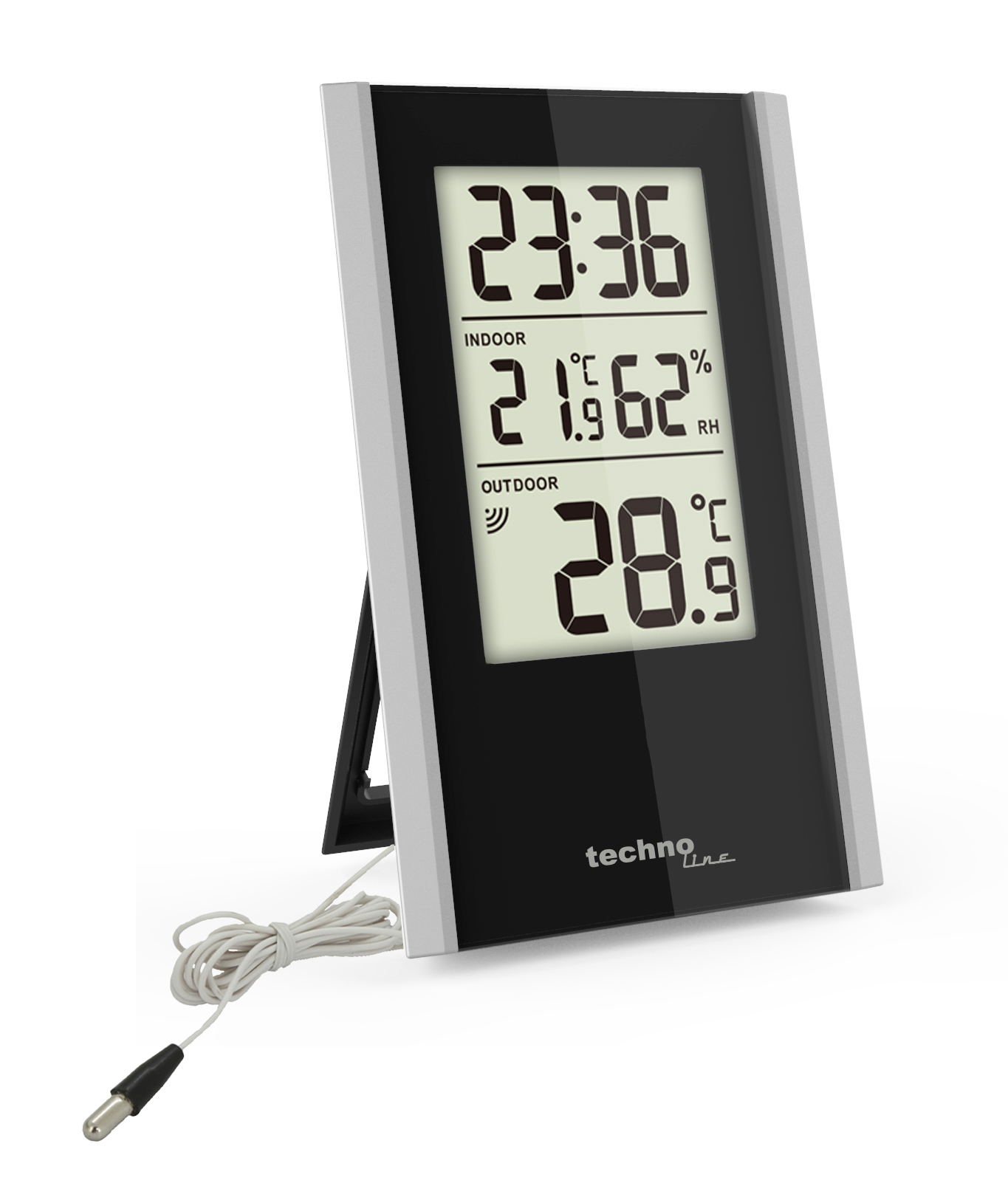 Schwarz-silbernes Digitalthermometer mit Innen- und Außentemperatur, Luftfeuchtigkeit und Zeit.