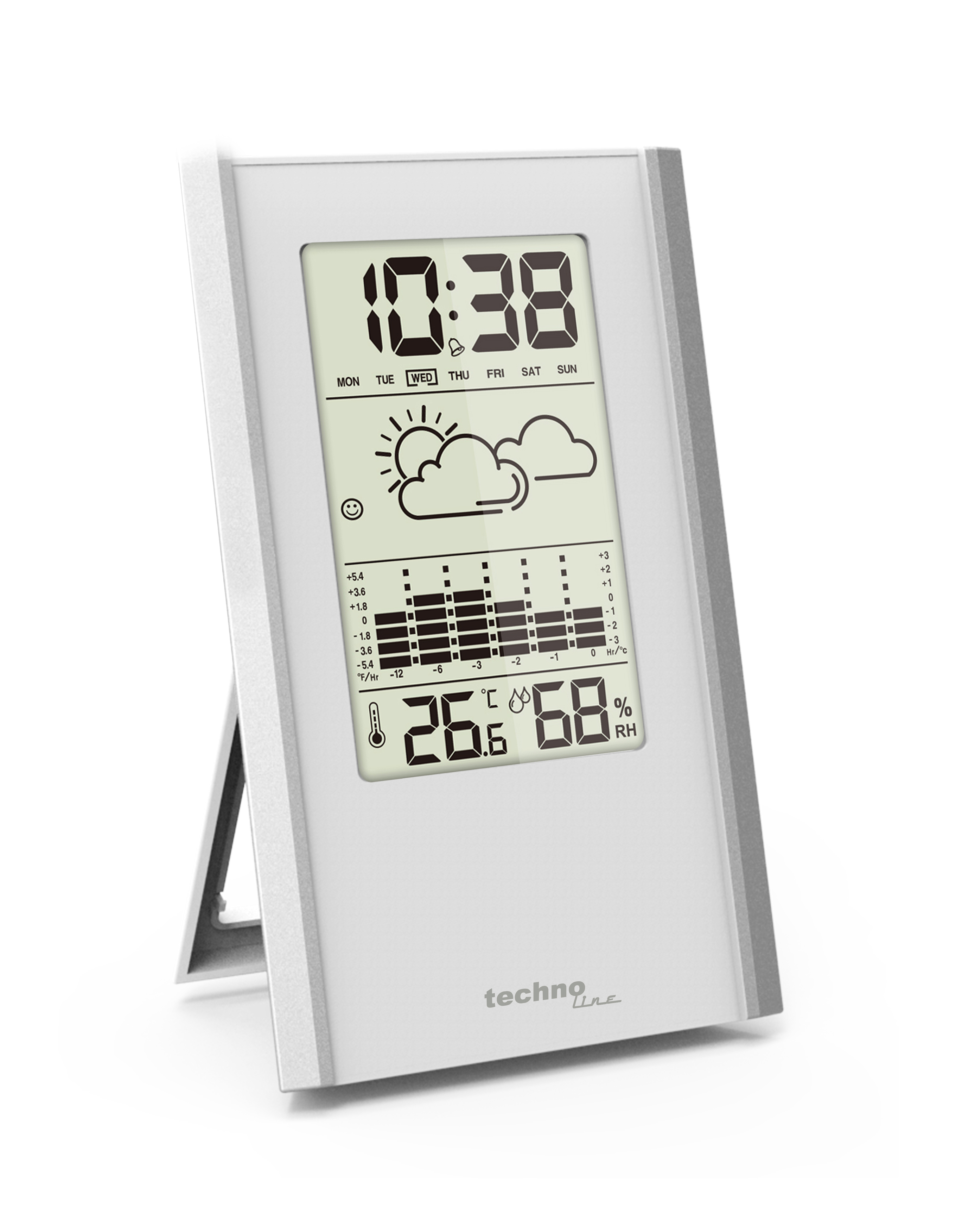 Eine digitale Wetterstation zeigt Zeit, Wettervorhersage, Temperatur und Luftfeuchtigkeit an.