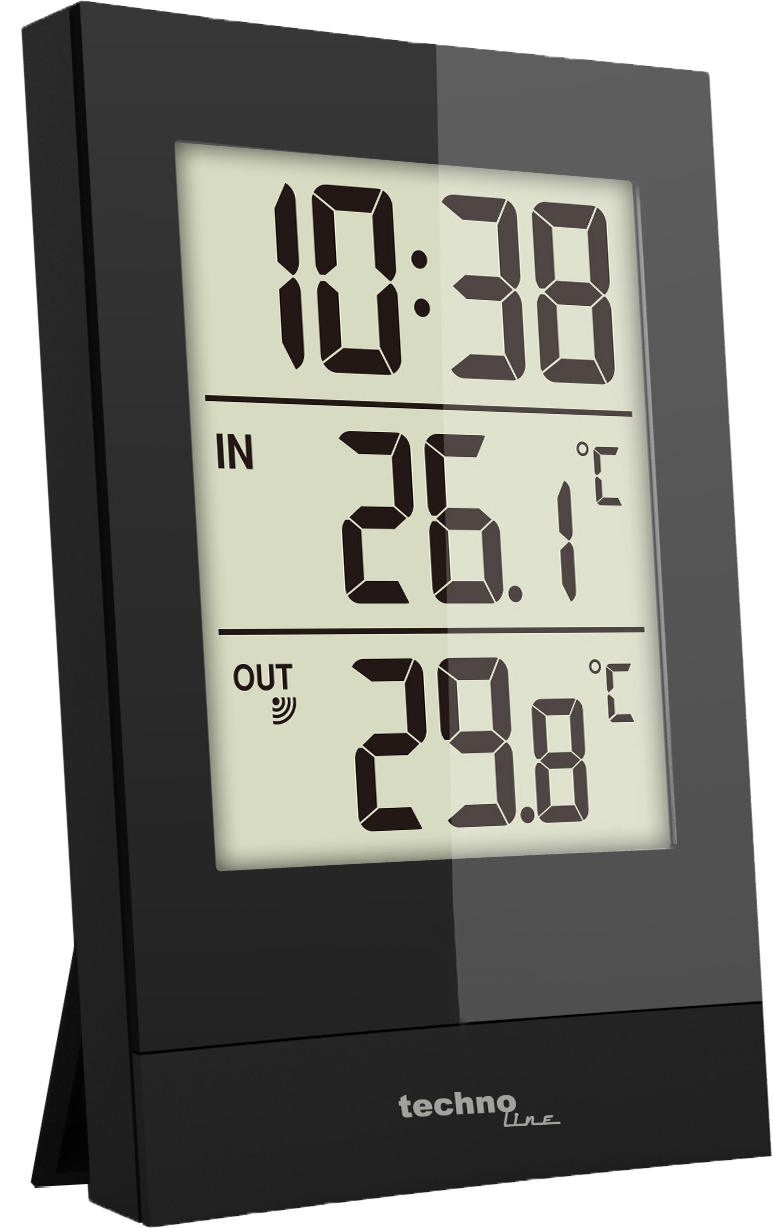 Ein digitales schwarzes Thermometer, das die Zeit, Innen- und Außentemperaturen anzeigt.