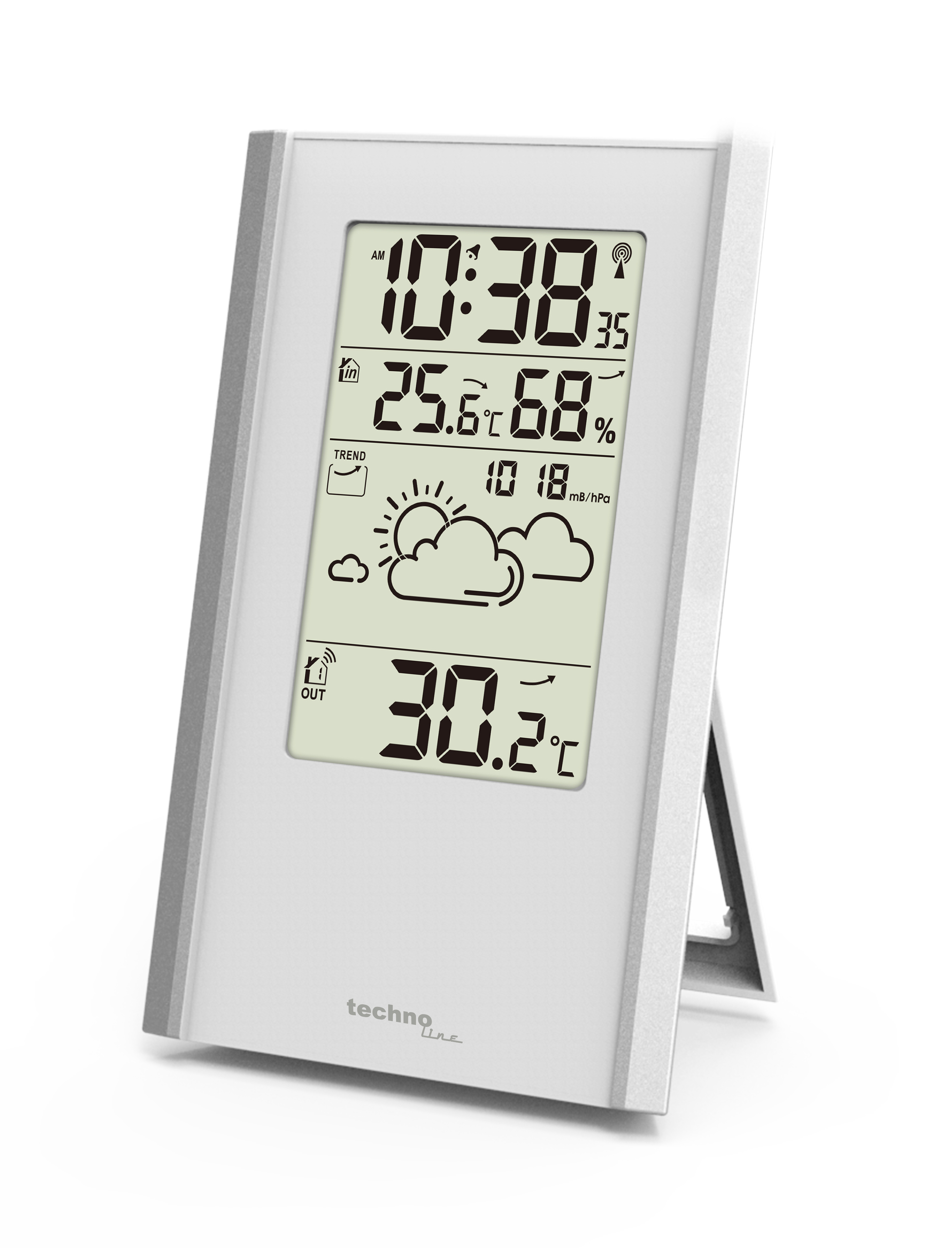 Digitale Wetterstation mit Anzeige von Uhrzeit, Temperatur, Luftfeuchtigkeit und Wettervorhersage.