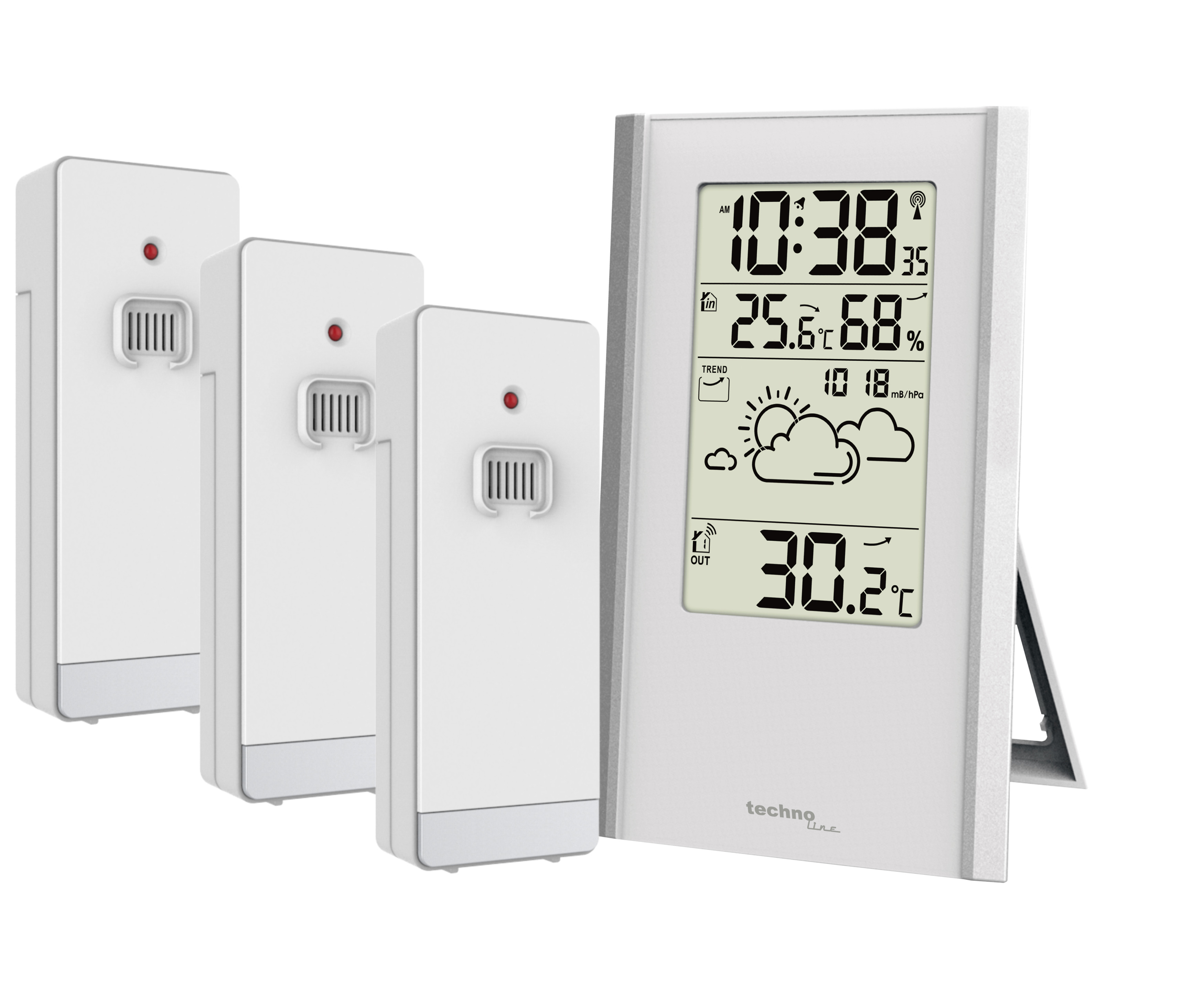 Eine weiße Wetterstation mit digitaler Anzeige und drei weißen Fernsensoren.