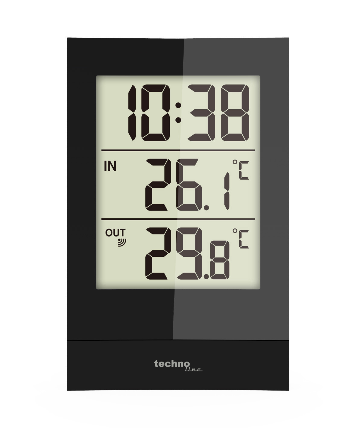 Schwarzes Digitalthermometer mit Anzeige von Uhrzeit, Innen- und Außentemperatur.