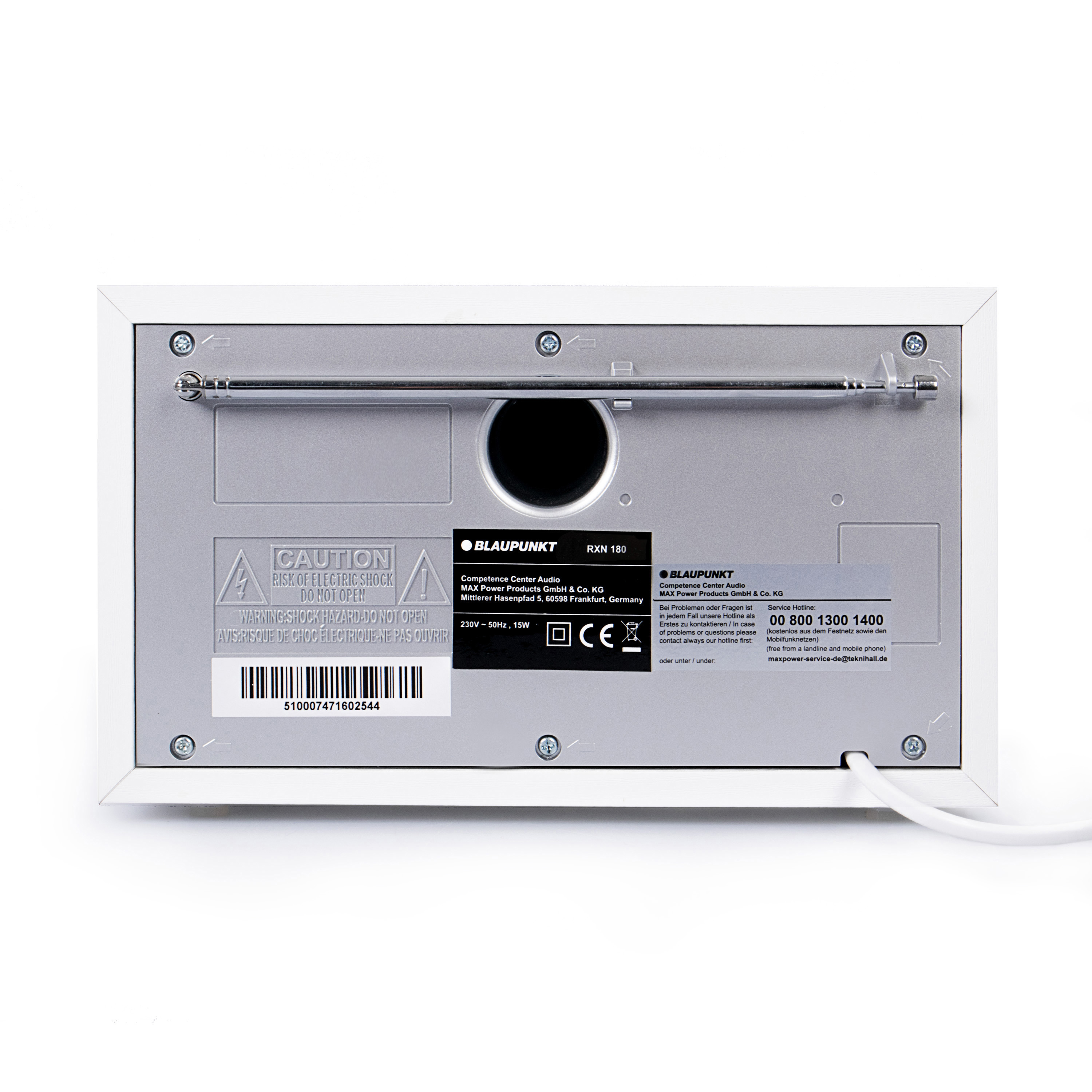 Die Rückseite eines weißen Blaupunkt RXN 180 Radios mit Etikett und Antenne.