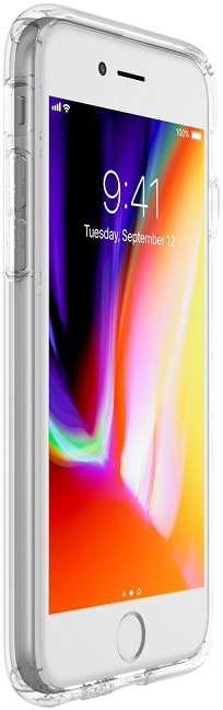 Egy fehér iPhone 8 átlátszó védőtokkal, a kezdőképernyőt mutatja, szögből nézve.