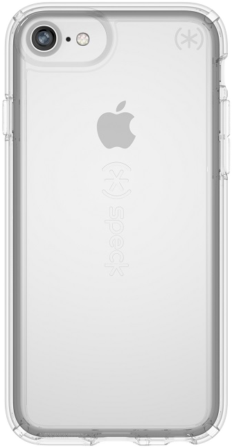 Átlátszó iPhone tok Apple logóval és Speck logóval, a telefon belülről látható.