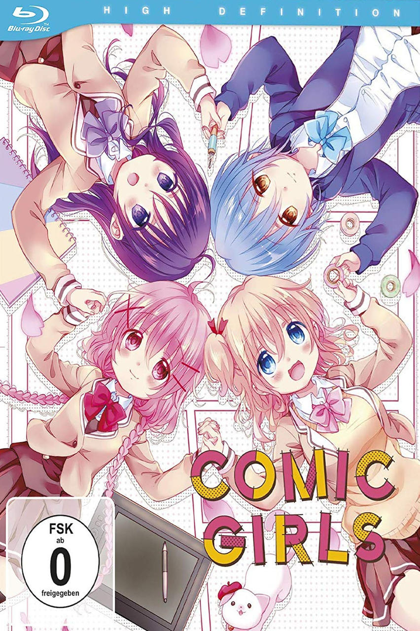 Anime-DVD-Cover: vier Mädchen in Schuluniformen, Titel 'Comic Girls' und eine Katze.