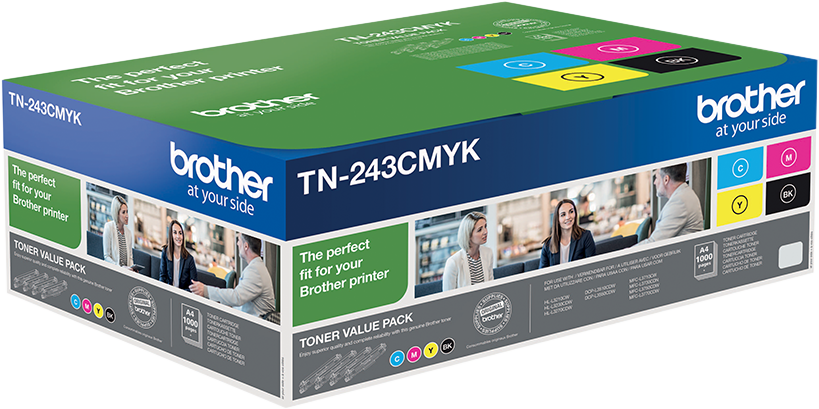 Scatola del toner per stampanti Brother. Contiene cartucce toner, testo e immagini di persone.