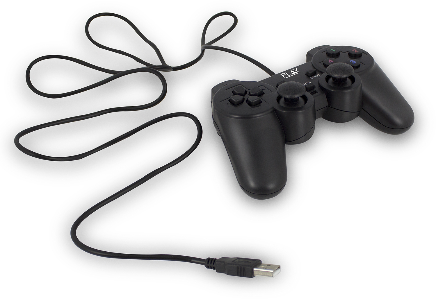 Fekete videojáték-vezérlő USB-kábellel. A vezérlő fehér felületen van.