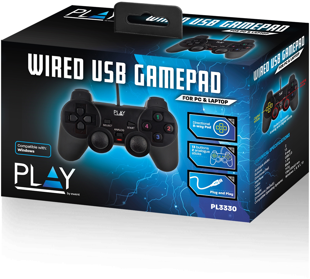 Vezetékes USB gamepad doboz. Fekete gamepad kép, a dobozon PC és Laptop felirat, kék háttér.