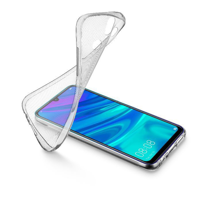Smartphone in einer transparenten Hülle. Der Bildschirm zeigt die Uhrzeit 08:08 und einen blauen Hintergrund.