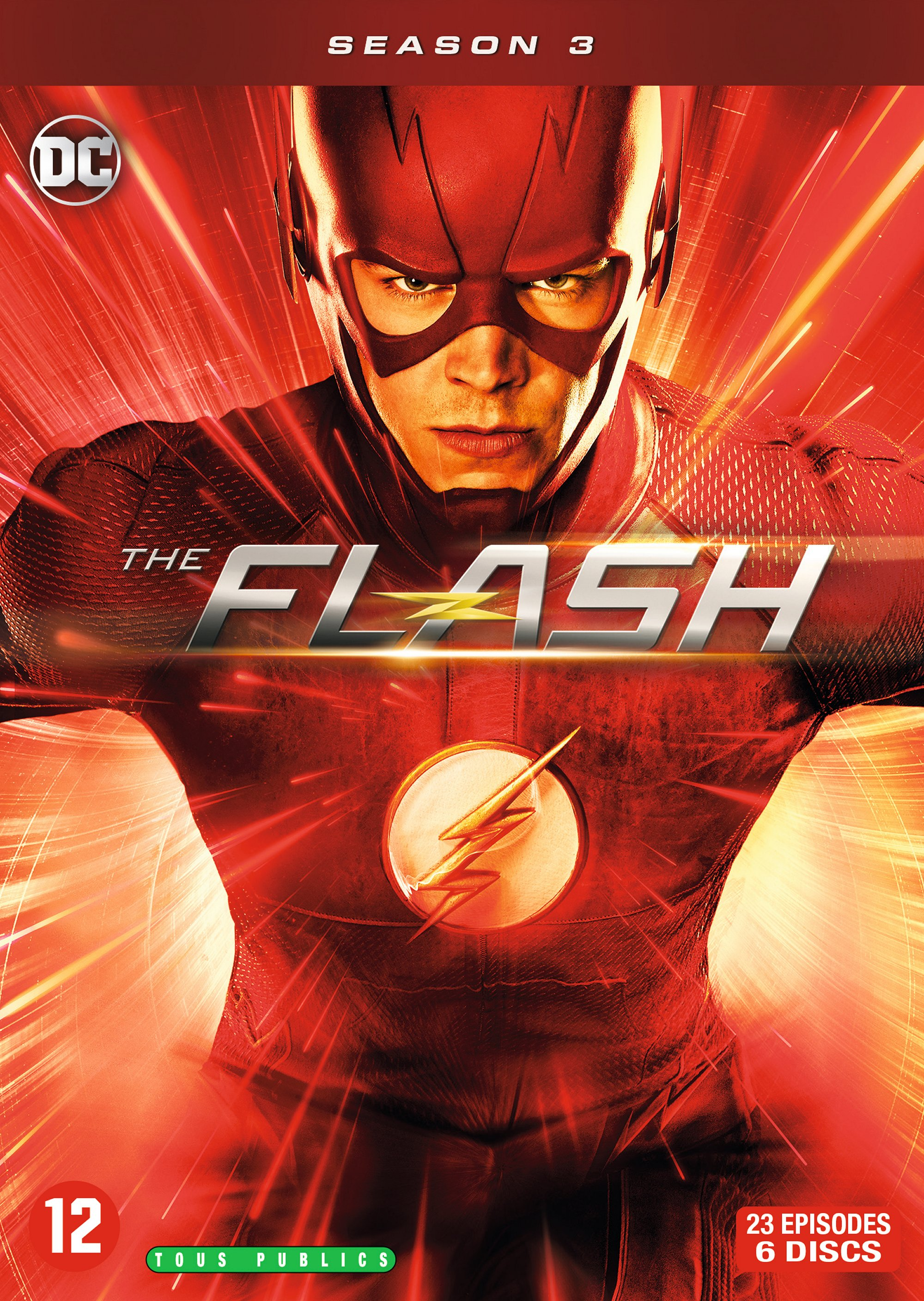 DVD-hoes van The Flash seizoen 3 met de Flash in kostuum en een rode achtergrond.